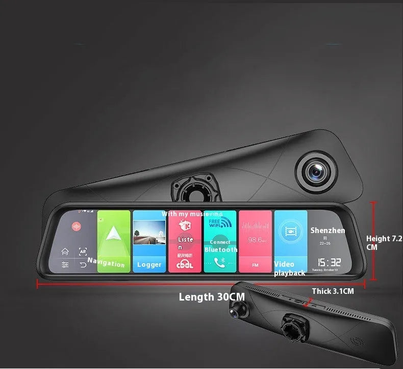 Black 4G car recorder with touch screen for GPS navigation and vehicle monitoring