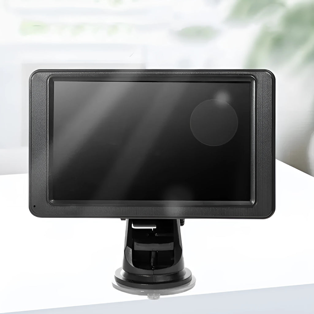 7-inch portable vehicle MP5 player with mounting bracket on black background