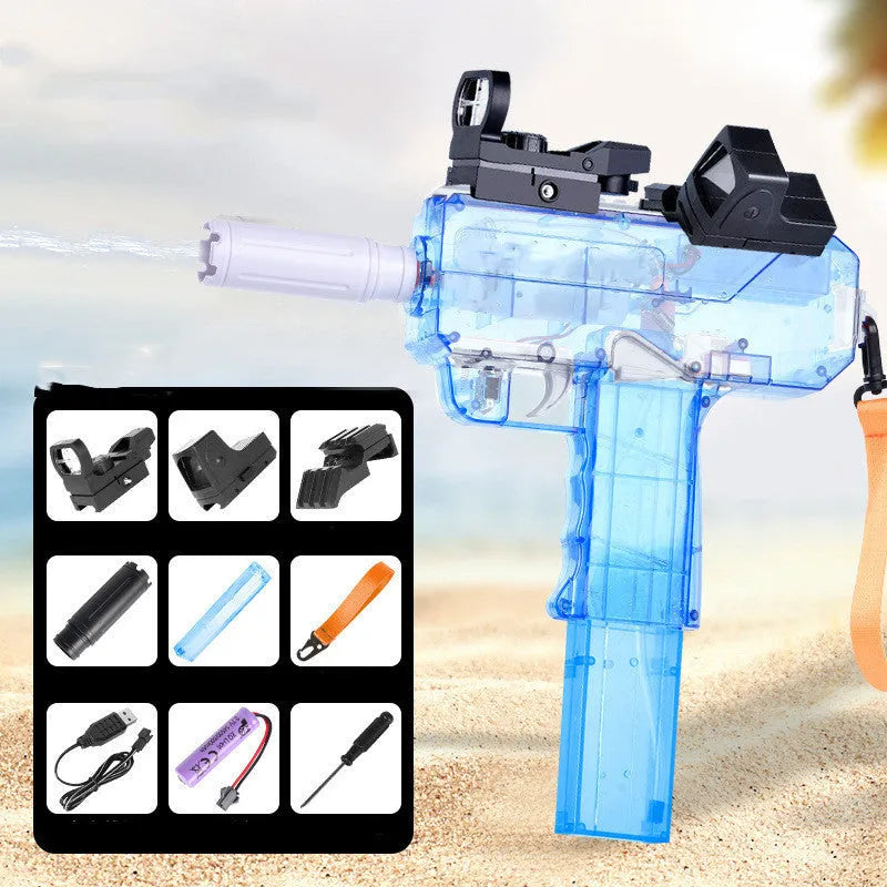Uzi-style transparent electric water gun toy with accessories on blue background