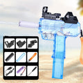 Uzi-style transparent electric water gun toy with accessories on blue background
