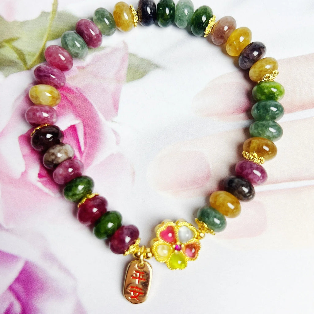 Women's colourful tourmaline abacus bead bracelet with artificial crystal components