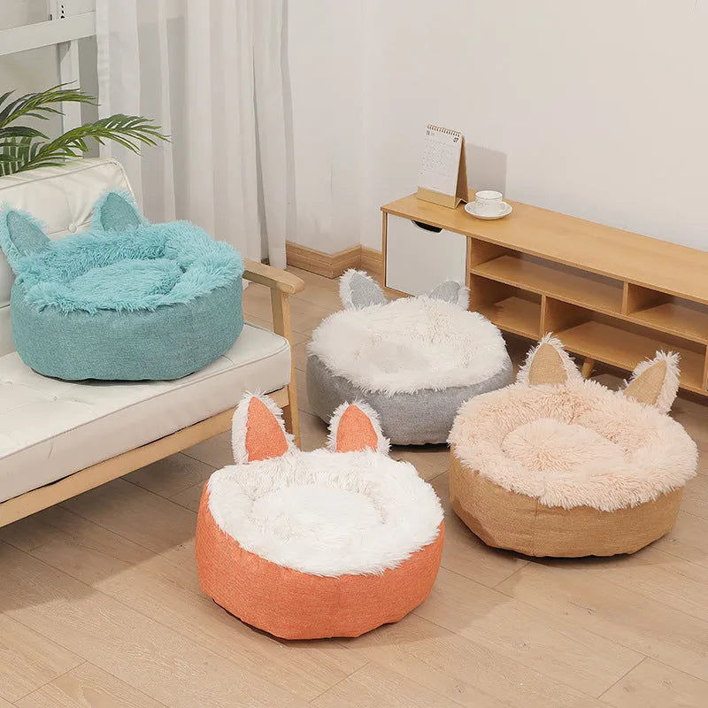 Soft plush faux fur circular pet bed for cats and dogs in blue colour