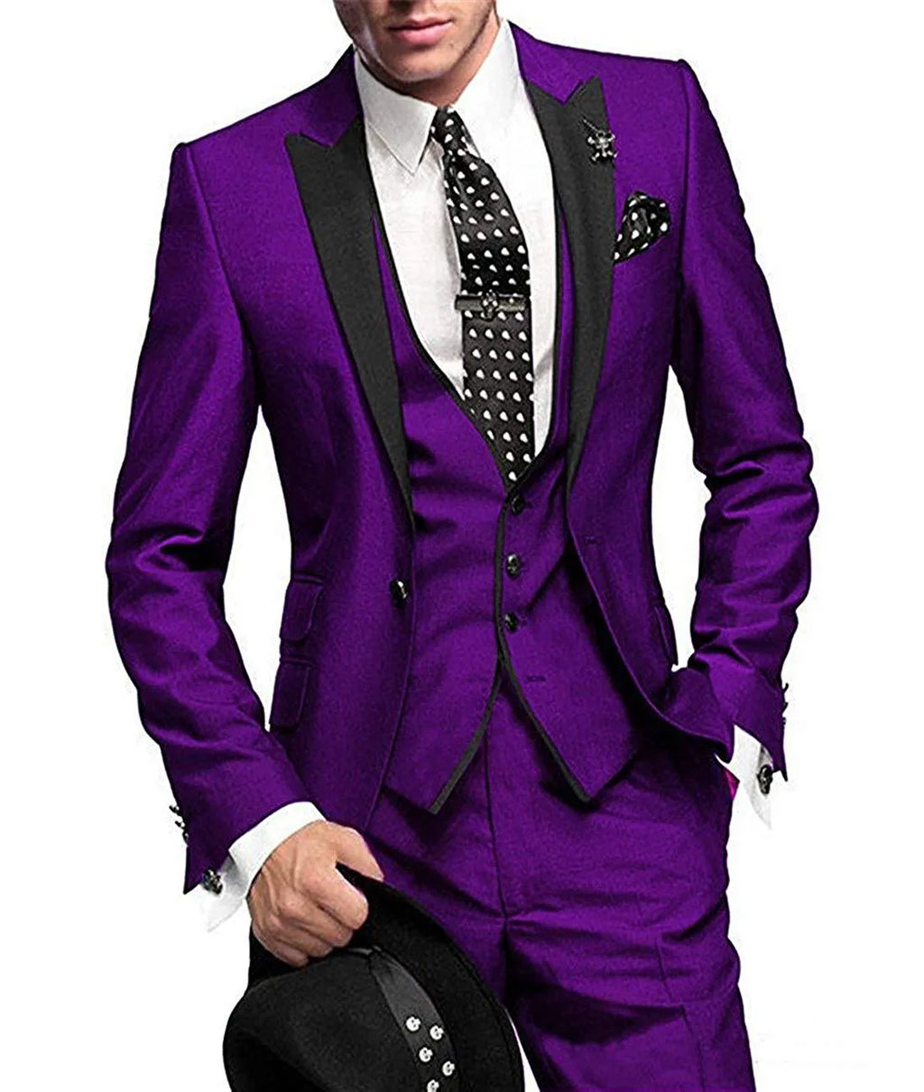 Men's three-piece slim fit wool serge suit in navy blue, shown as jacket, trousers, and waistcoat on a model
