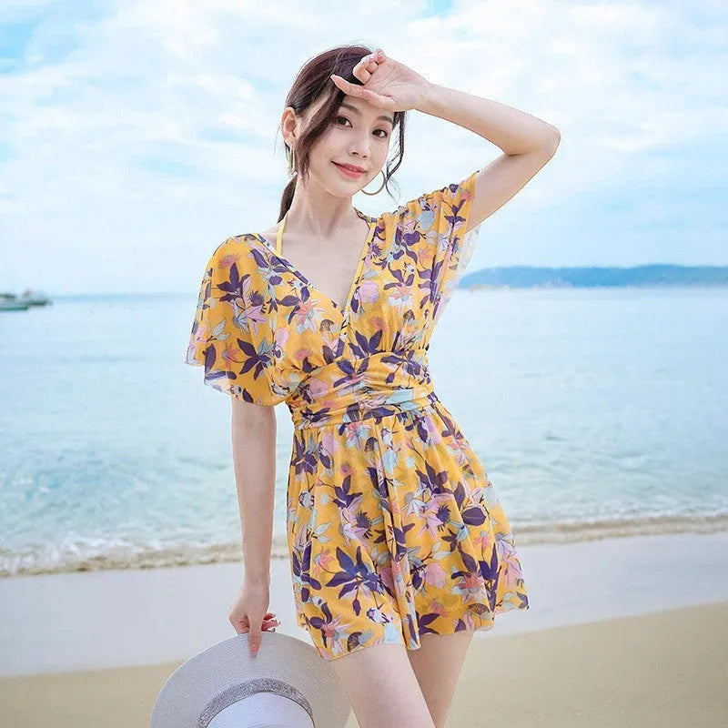 Yellow floral pattern women's one-piece swimsuit in polyester fabric