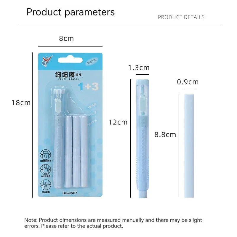 Blue push-type children's traceless eraser with simple rectangular design on a white background