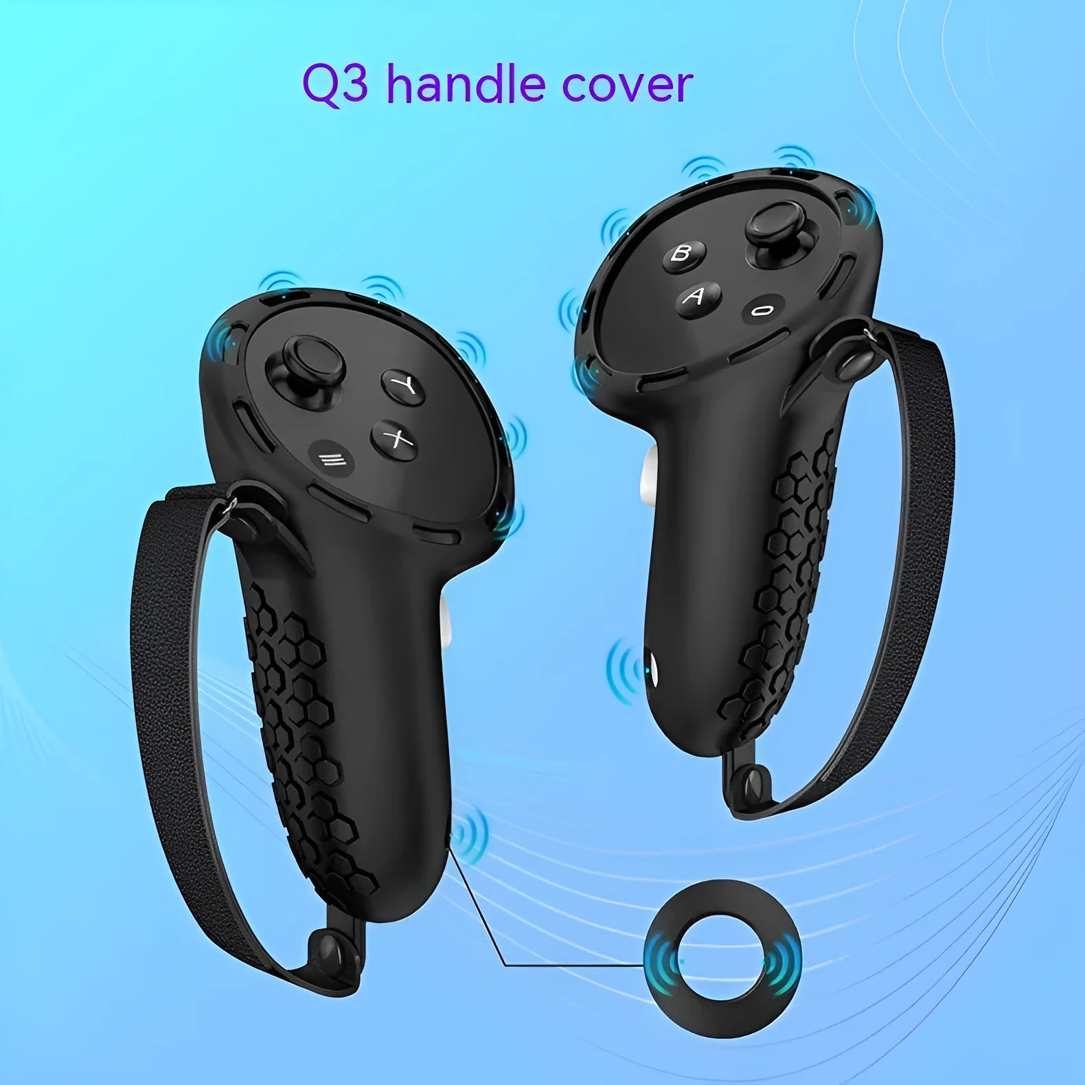Silicone protective sleeve with wrist strap on a Meta Quest 3 VR controller.