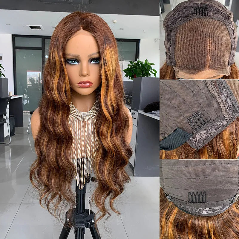 4x4 closure big wave bob wig in brown real hair, hand-woven, 20 inch medium and long length