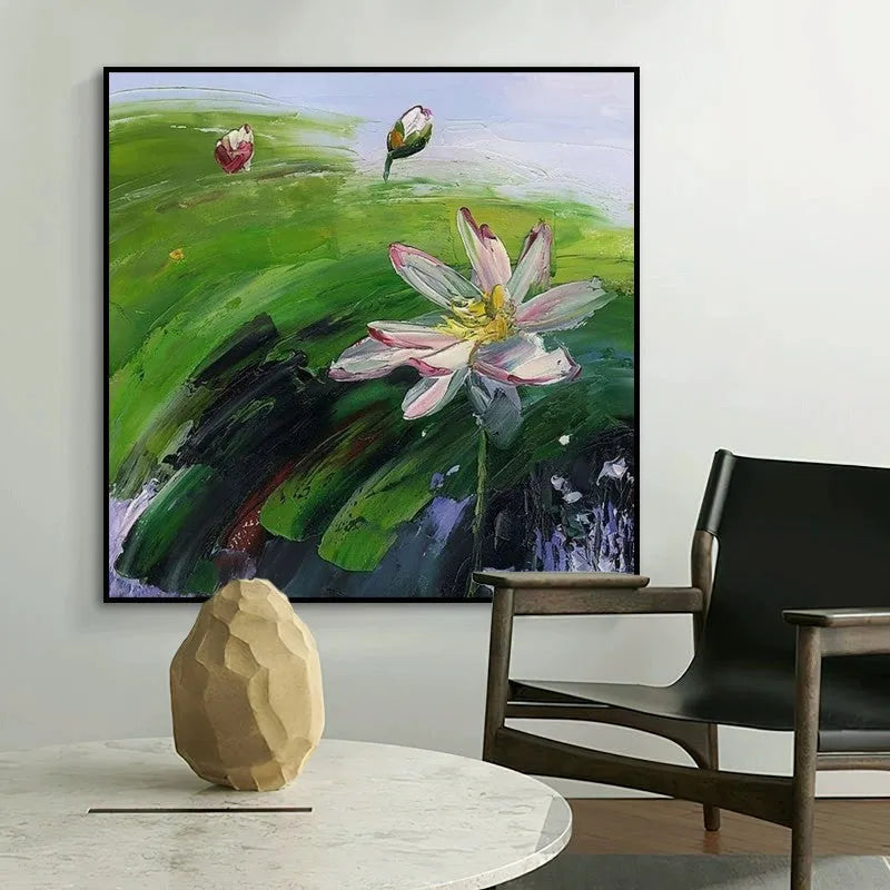 Hand-painted abstract countryside oil painting of rural landscape with lotus flowers on square canvas wall art