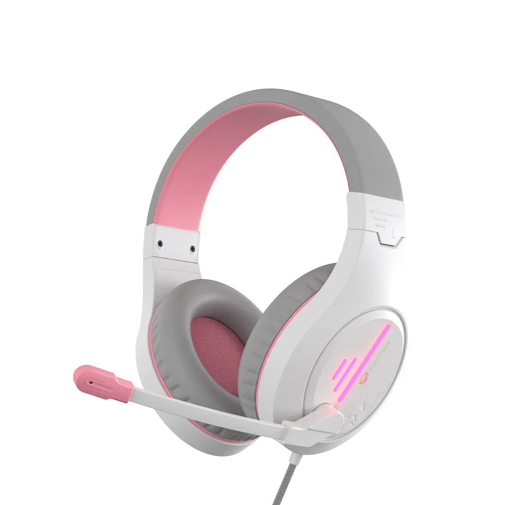 Wired gaming headset with black and orange colour scheme showing adjustable headband and 50mm ear cups