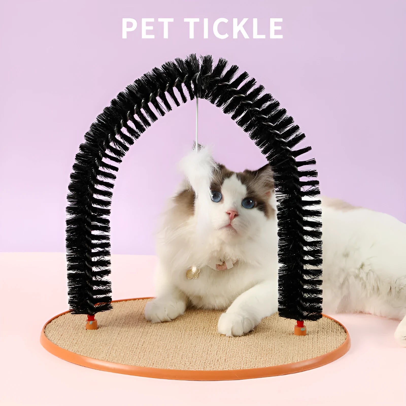 Black arch-shaped cat scratching post with grooming brush and attached mouse toy on non-slip base