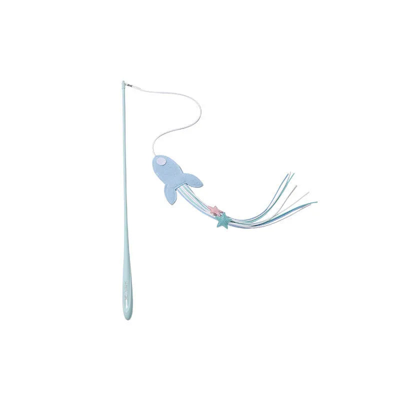 Long blue cat teaser wand with feathers and a pet rocket design on a white background.