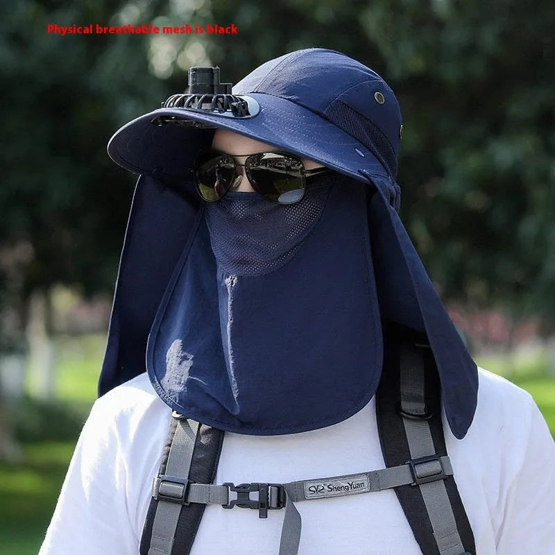 Khaki coloured sun hat with built-in USB fan and attached face covering shawl for neck protection.