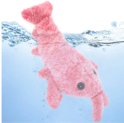 USB rechargeable jumping lobster cat toy with motion-activated swaying and flipping action, made of soft plush fabrics