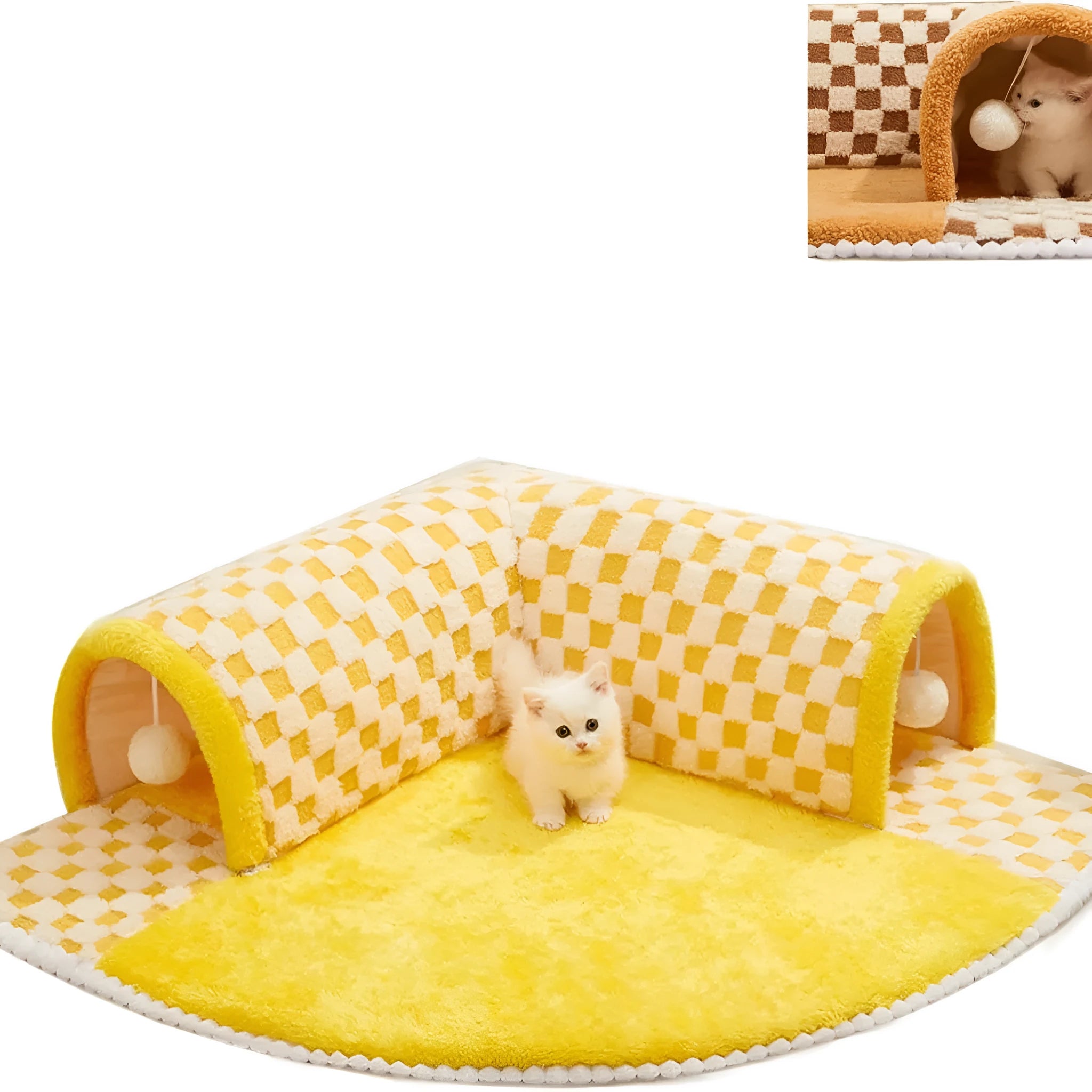 Brown plaid collapsible cat tunnel bed with central mat on a wooden floor.