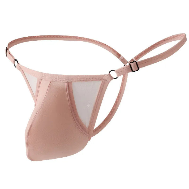 Men's ice silk T-back panties in assorted colours showing thin straps and low waist design.