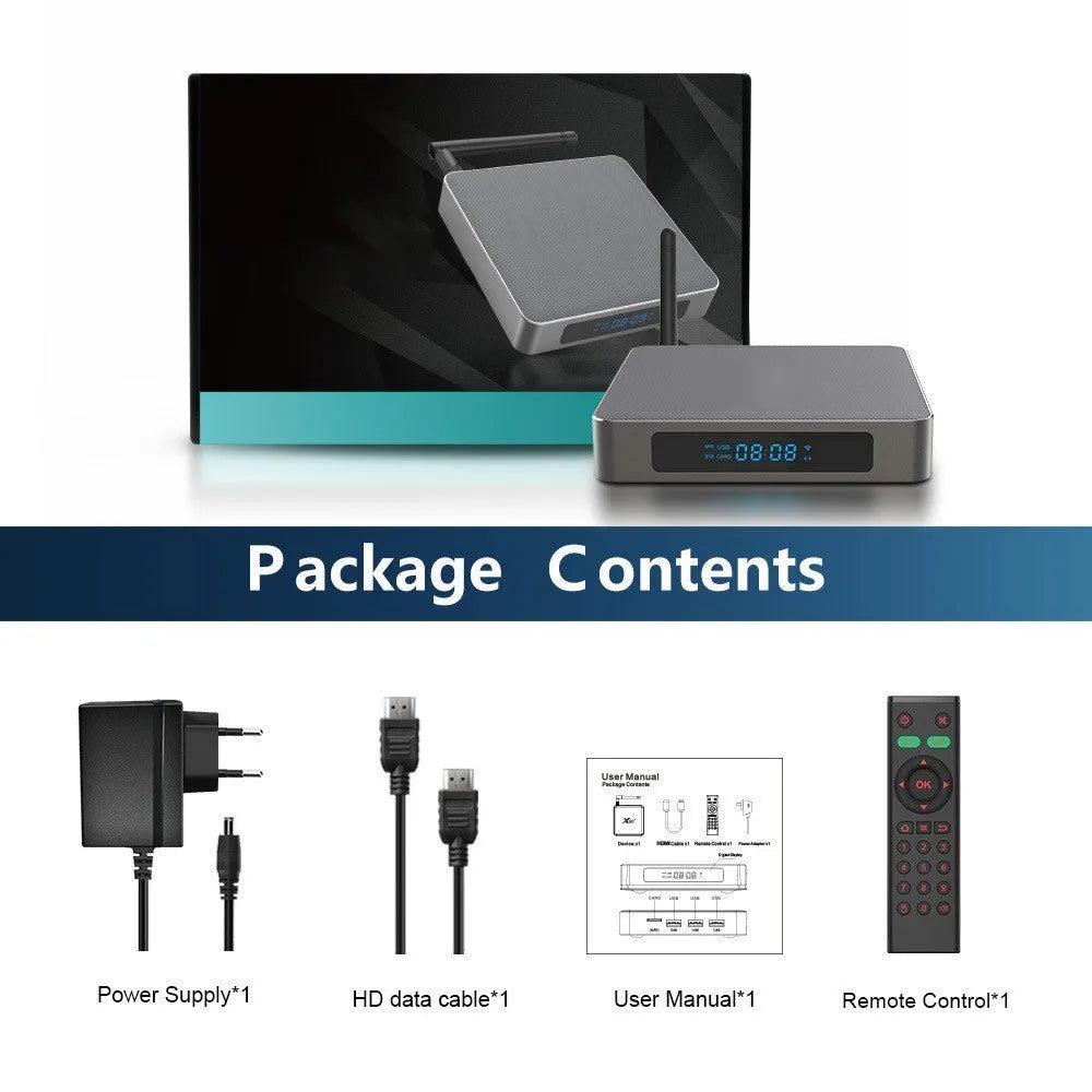 Black Android 8K network set-top box with remote, HDMI cable, and power supply on a wooden surface.