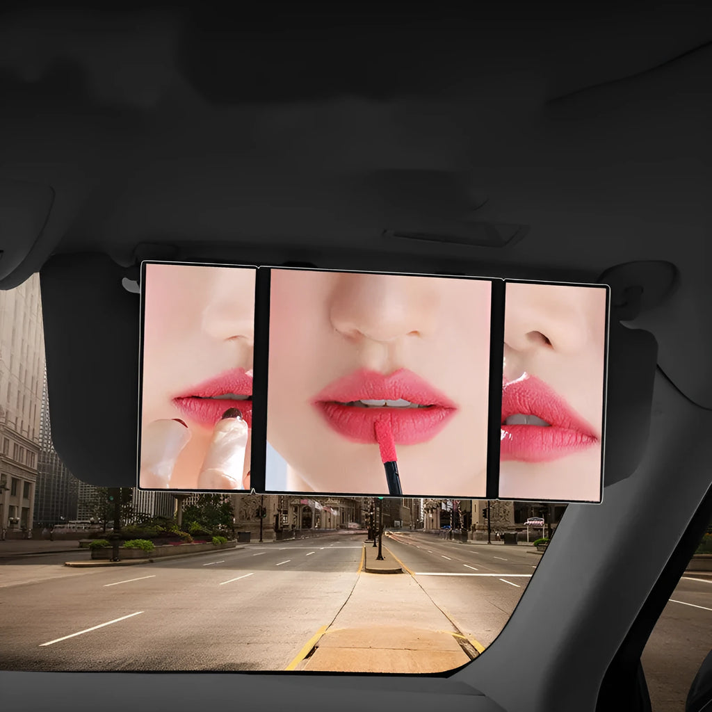 Silver car folding makeup mirror shown open and closed with dimensions