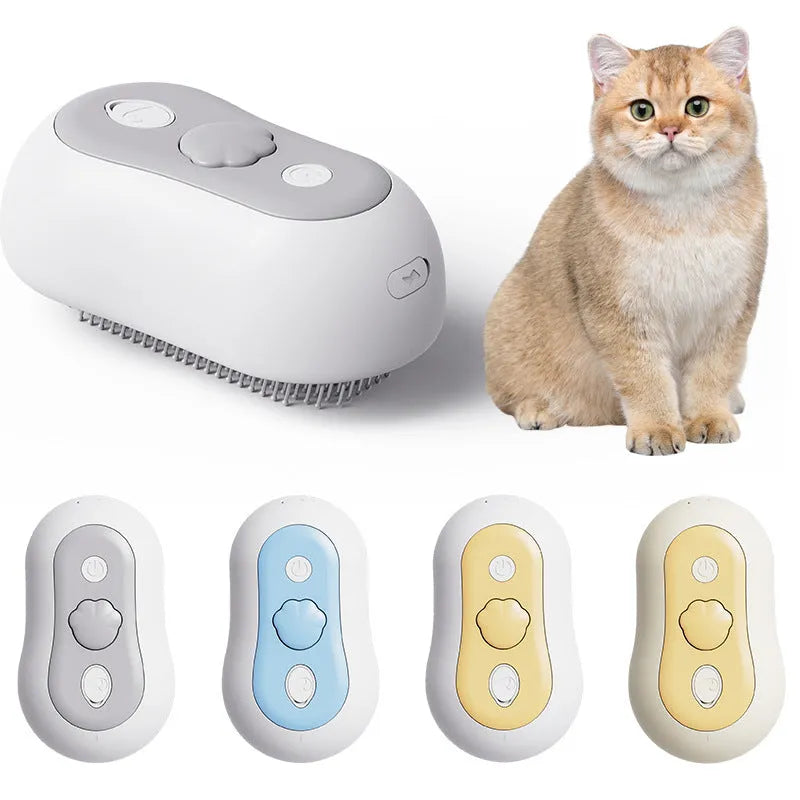 Beige coloured cordless pet grooming comb with massage teeth and spray function for cat hair removal.