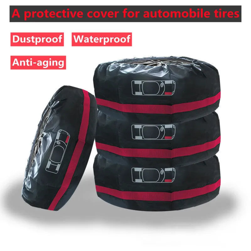 Set of four Oxford cloth 210D polyester car tyre protective covers with belt closure in black or red styles