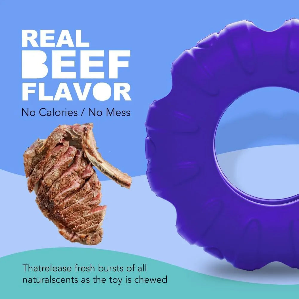 Blue tire-shaped dog chew toy with six oval openings for treat dispensing
