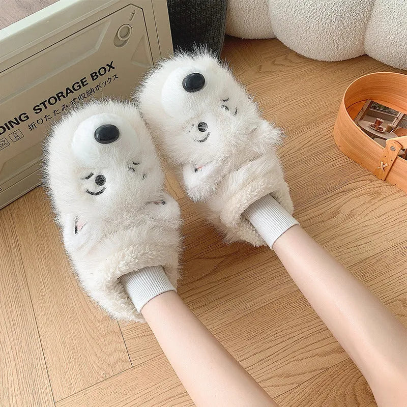 Grey ankle wrap plush slippers with artificial wool lining and a non-slip sole.