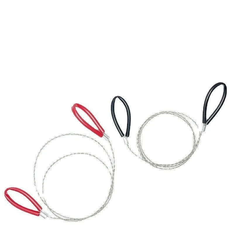 Black and red outdoor survival wire saw with leather case showing 600mm German stainless steel four-strand blade