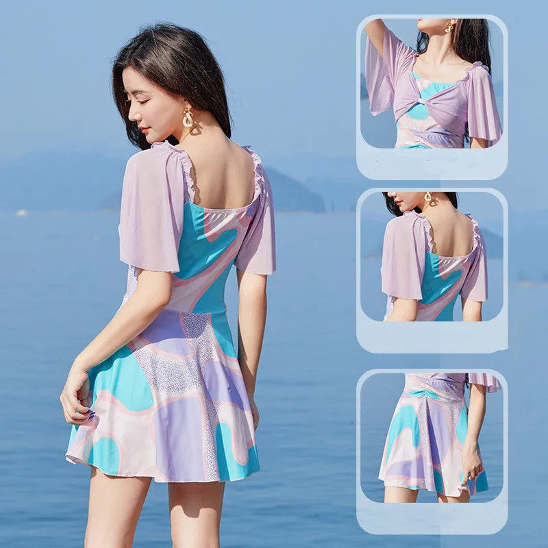Women's high-waisted floral one-piece swimsuit in light purple or light blue pattern