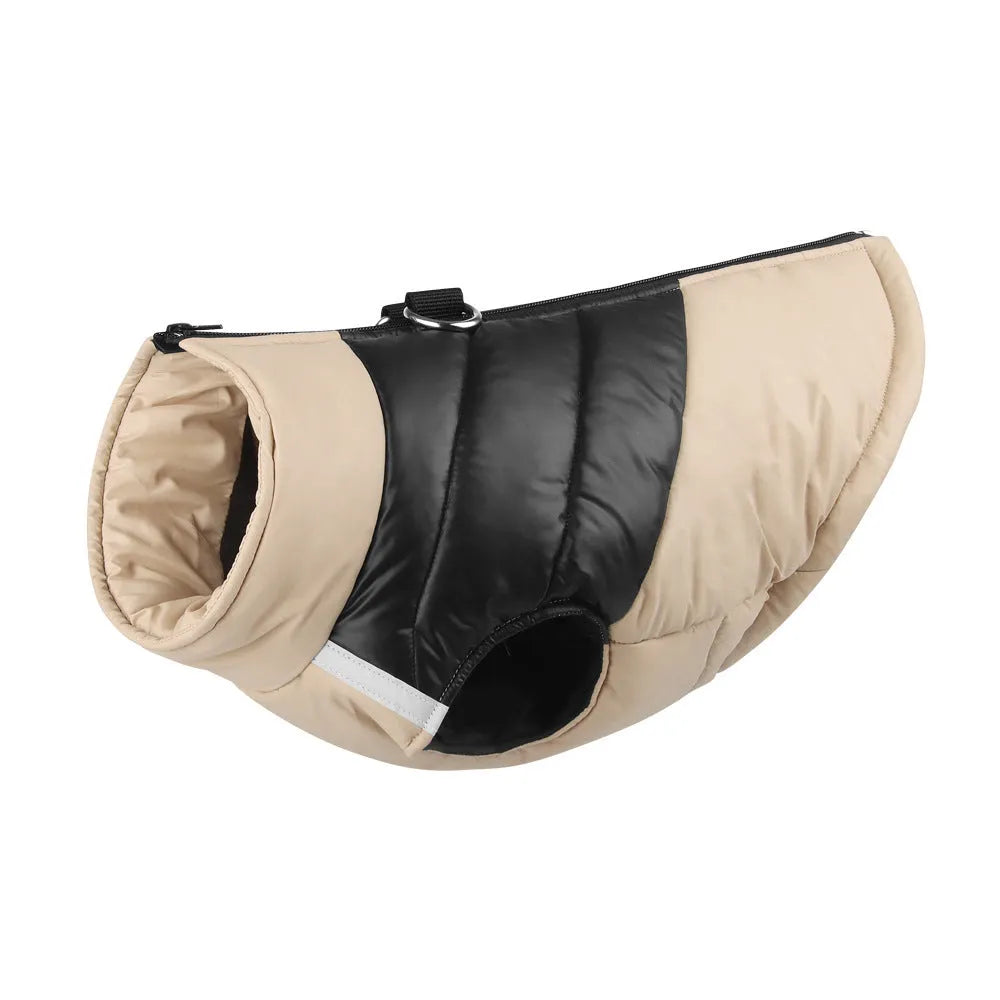 Waterproof padded dog jacket with front zipper, shown in multiple colours and sizes for small to large breeds.