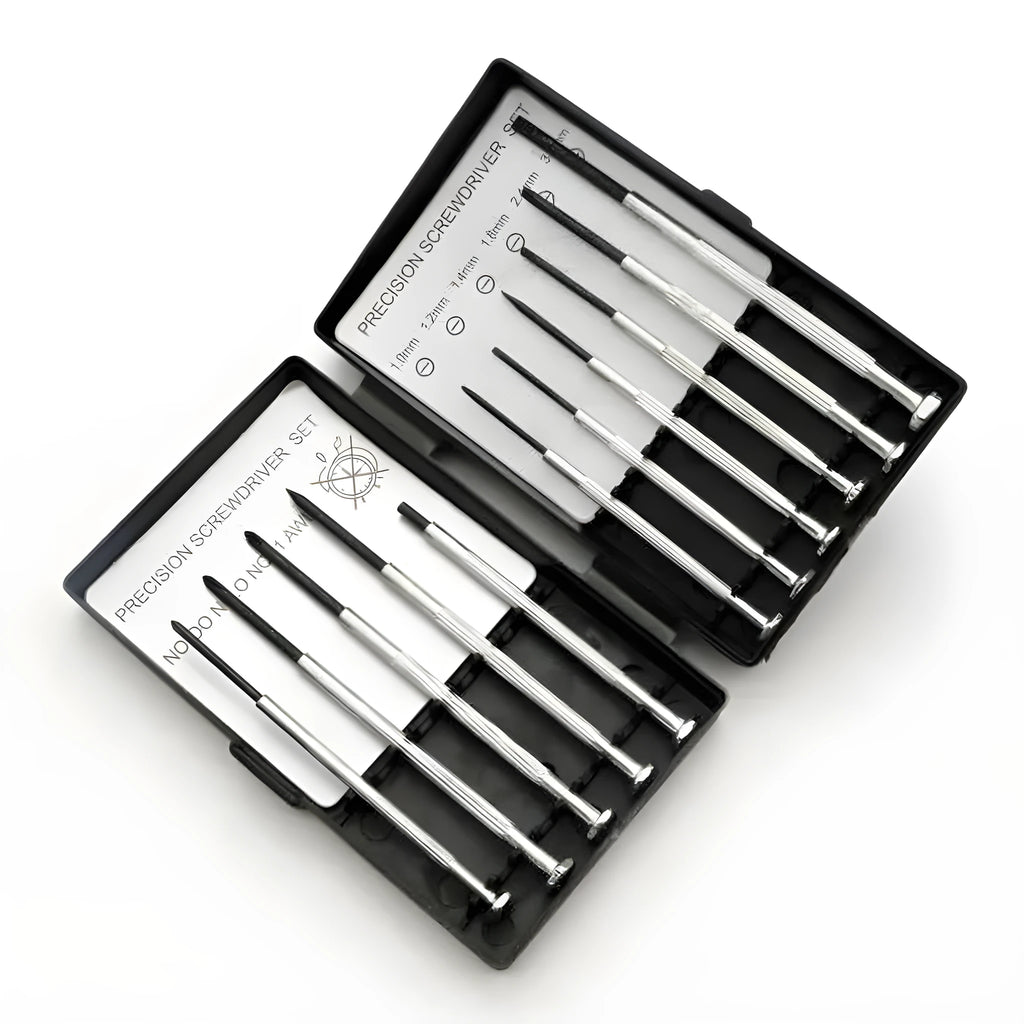 TH-6177 11-piece clock repair screwdriver set with cross and slotted bits in a case.