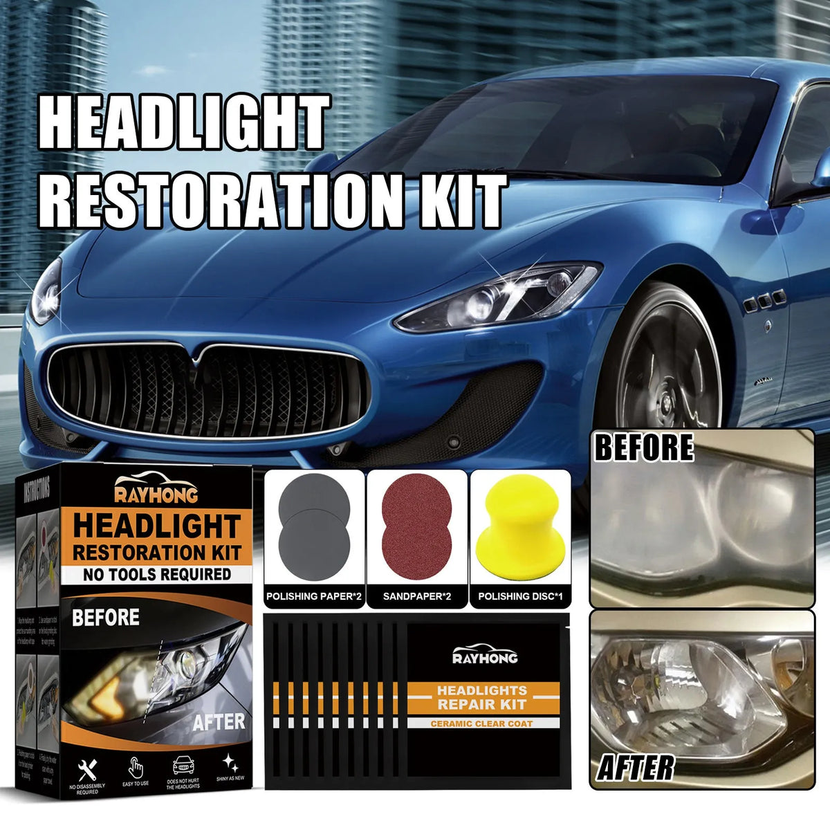 Car ceramic headlight repair kit with wet wipes, polishing paper, sandpaper, and polishing disc