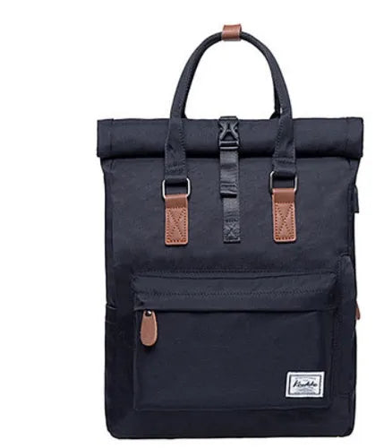 Casual polyester backpack with cover opening showing internal laptop compartment and zipper pocket