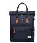 Casual polyester backpack with cover opening showing internal laptop compartment and zipper pocket