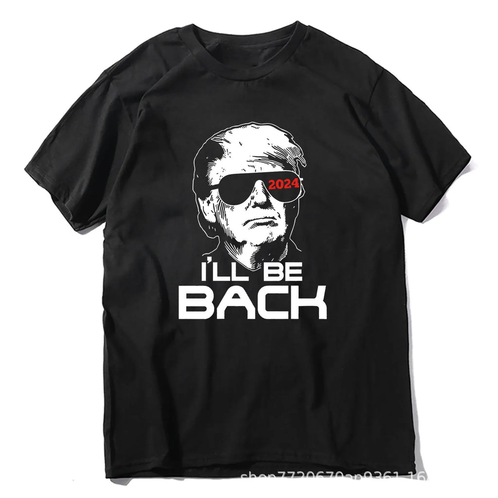 Trump cartoon printed round neck T-shirt in black on white background
