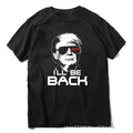 Trump cartoon printed round neck T-shirt in black on white background