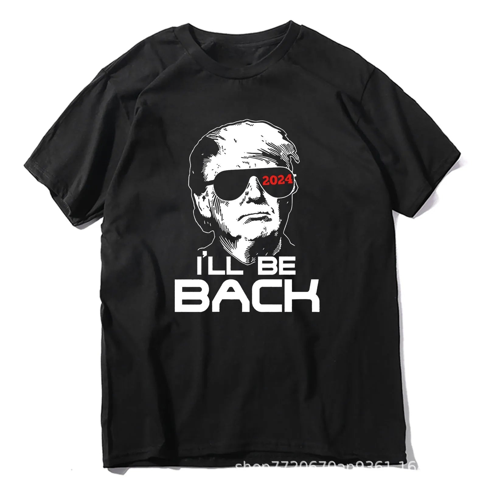 Trump cartoon printed round neck T-shirt in black on white background