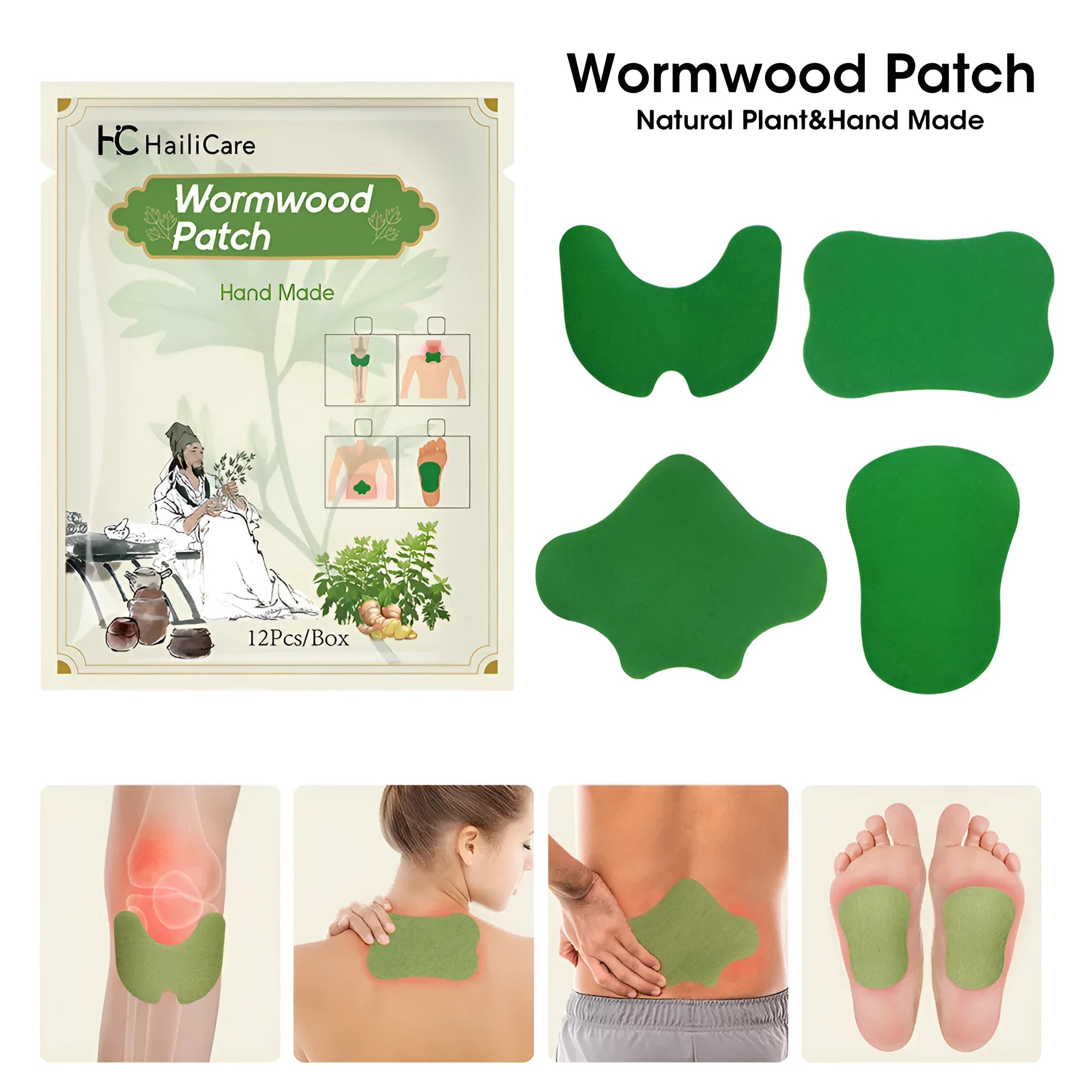 Bag of 12 Chinese mugwort herbal adhesive patches for knee, lumbar, cervical spine and foot application.