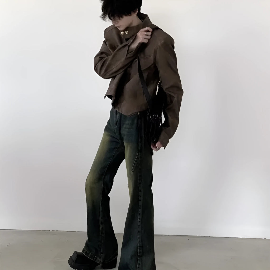 Men's retro brown PU leather short coat with tight fit and long sleeves on a plain background