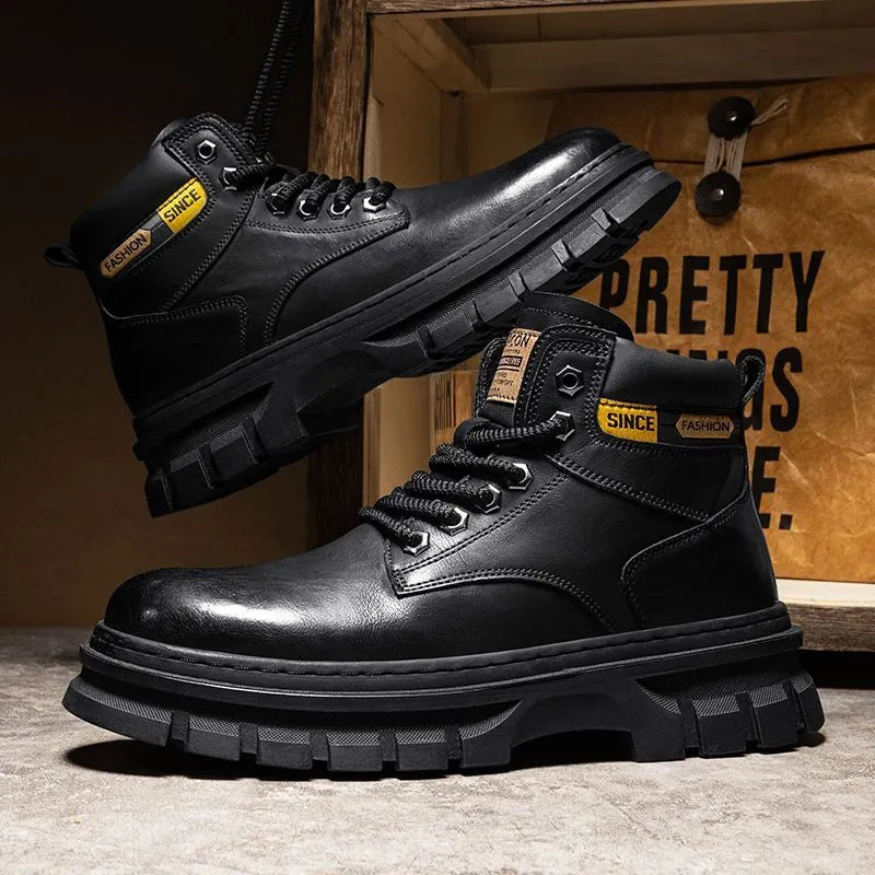 Men's brown Martin boots with high-top design, lace-up front, and round toe on rubber sole