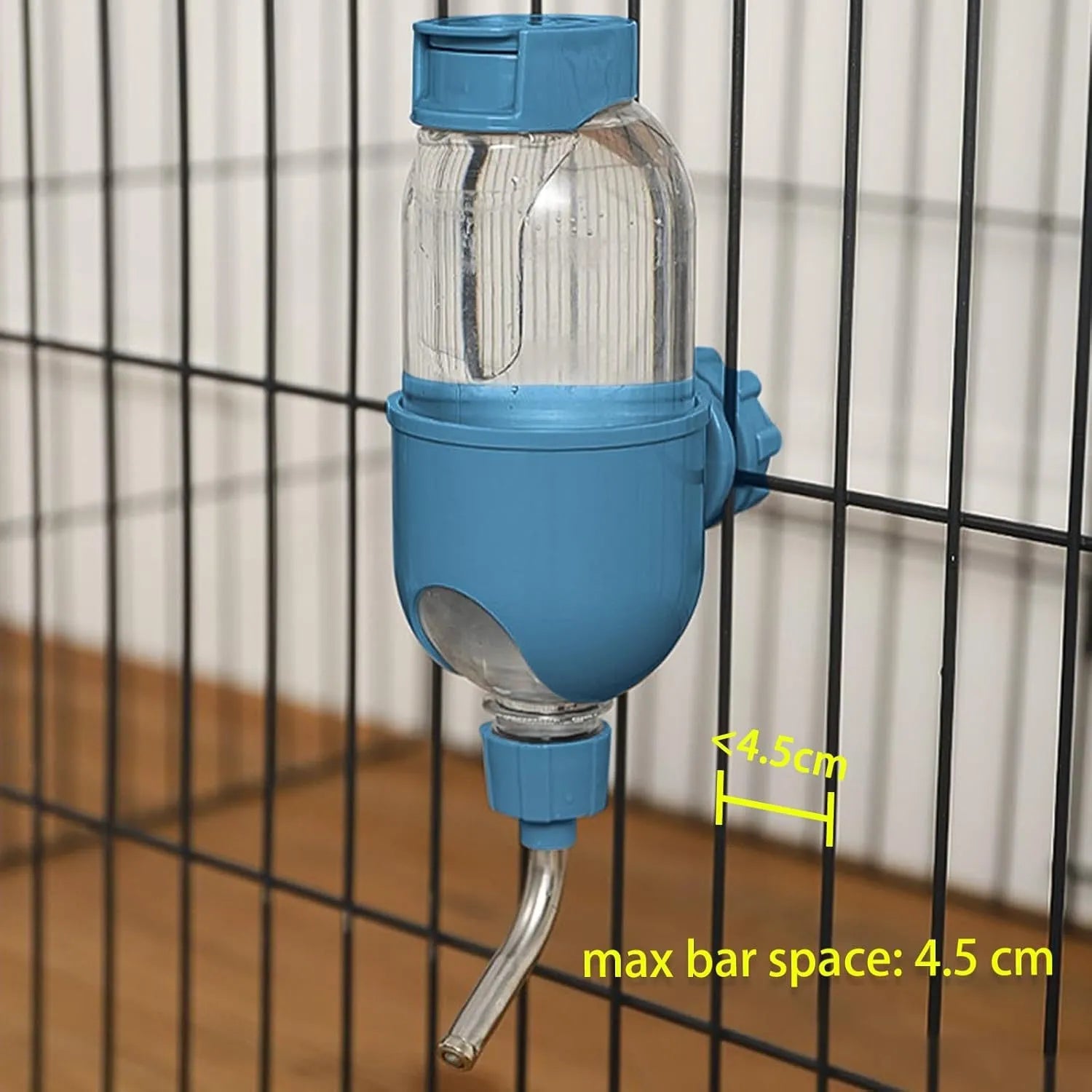 Blue small animal water bottle with rotatable nozzle and stainless steel ball valve for cage mounting