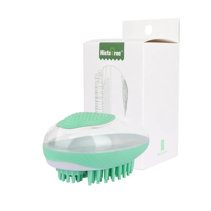 2-in-1 pet bath brush with soft silicone bristles and non-slip grip, in green, for grooming dogs and cats
