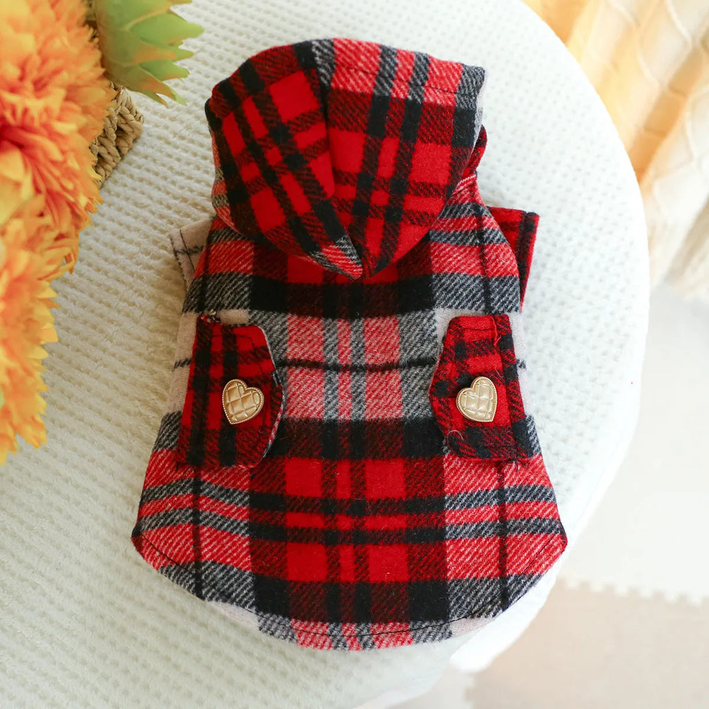 Red plaid polyester trench coat for pets with sizing from XS to XL