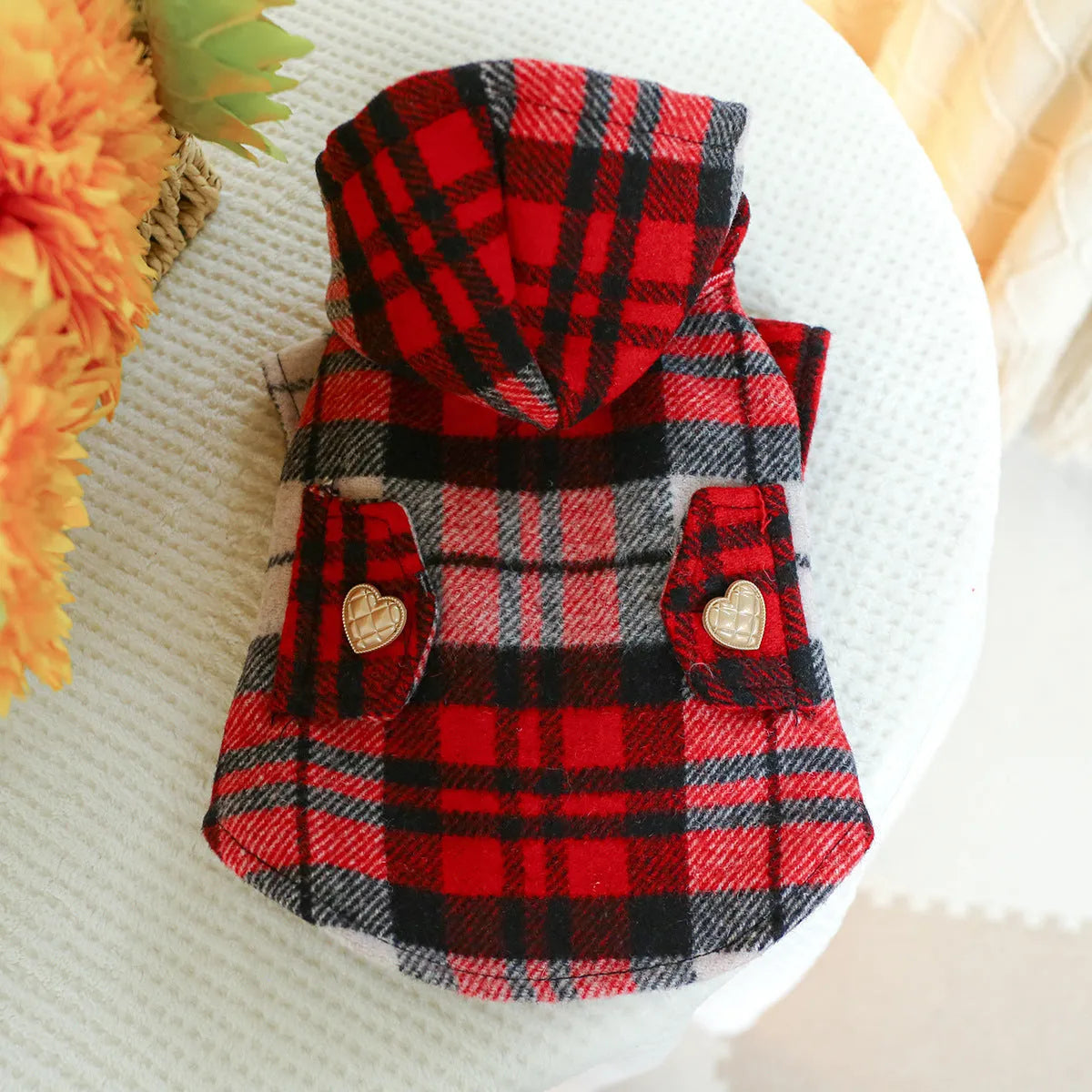 Red plaid polyester trench coat for pets with sizing from XS to XL