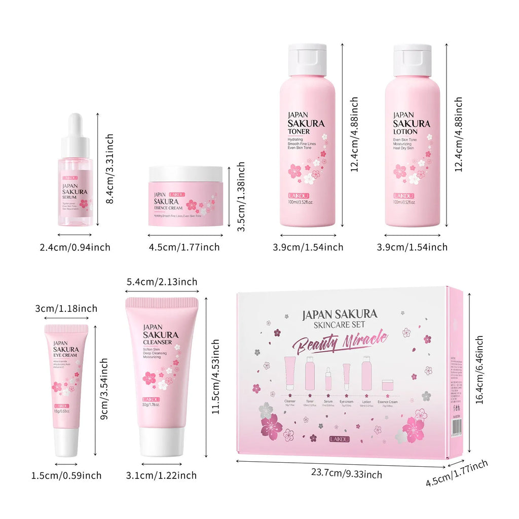 Cherry blossom skin care set with six facial products including cleanser, toner, cream, essence, and eye cream