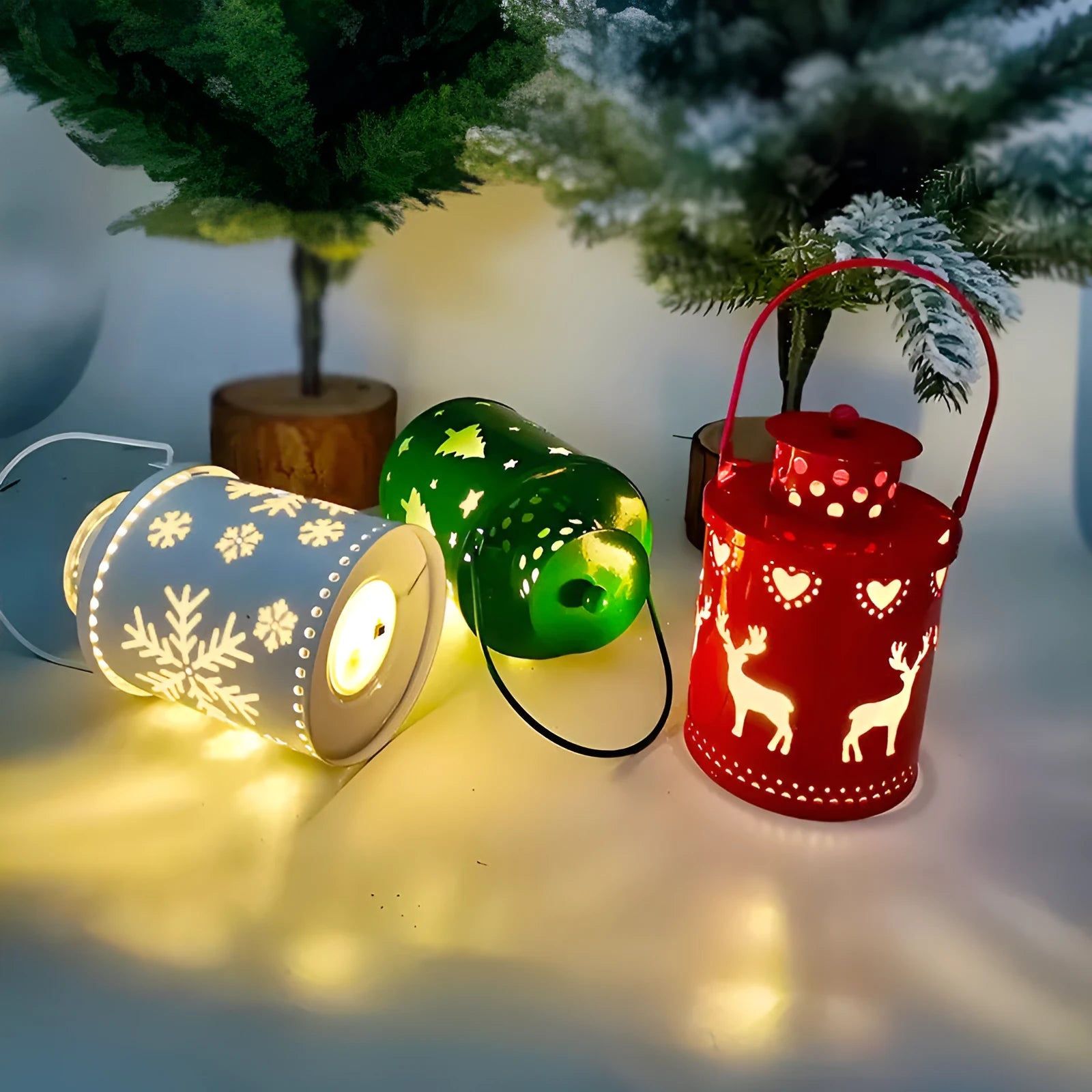 Nordic-style wrought iron Christmas LED candle lantern in green, white, or red colour options