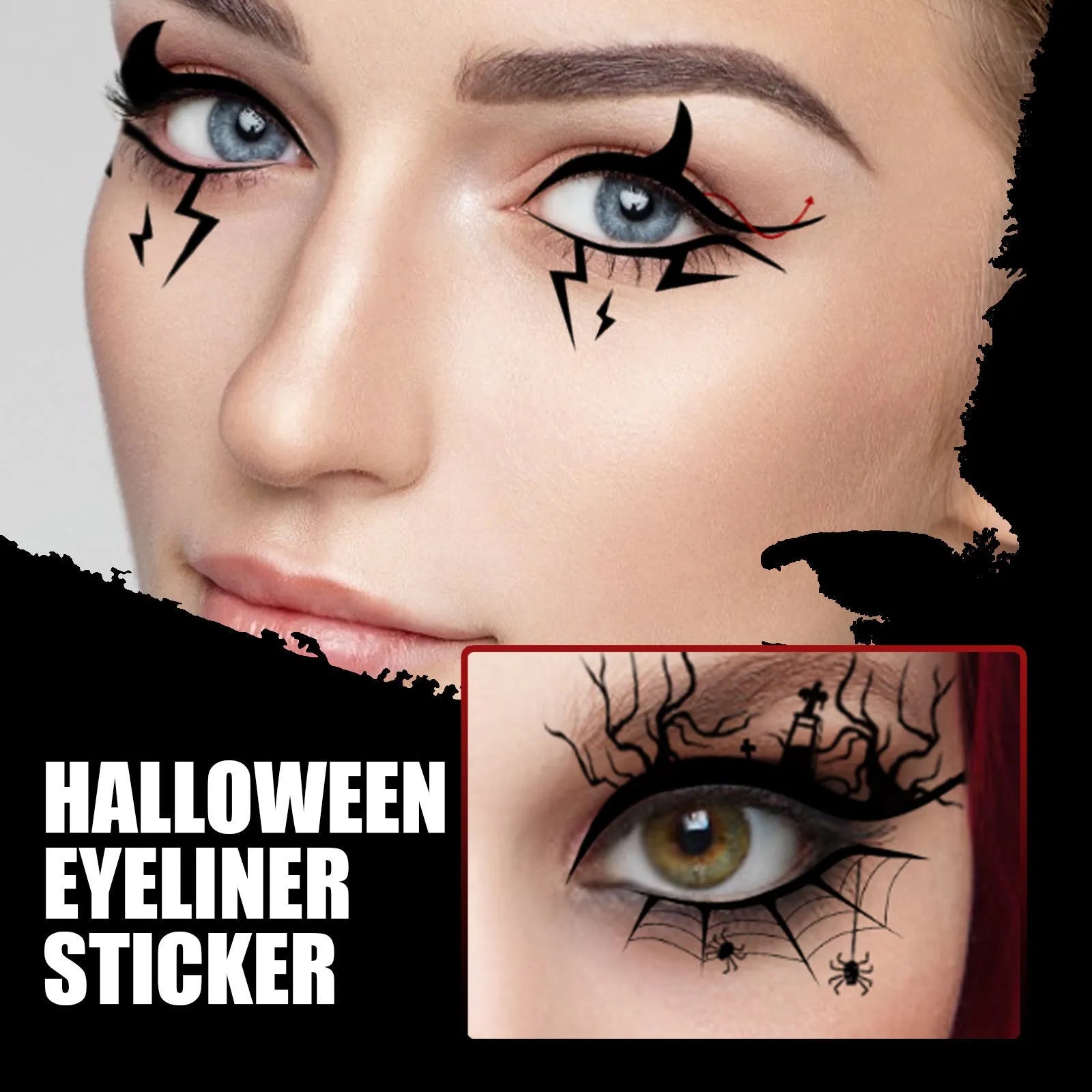 Set of eight pairs of bat and spider themed eyeliner stickers for decorative eye makeup
