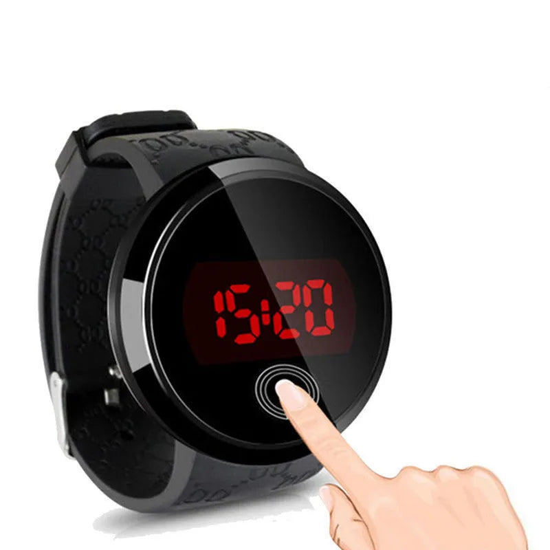 Round LED electronic watch with 11mm case, glass mirror, alloy base, and PU strap in white or black