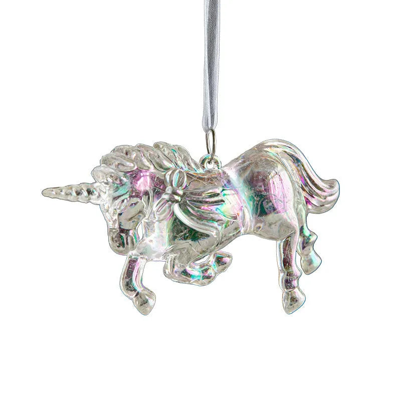 Colourful transparent acrylic Christmas hanging decorations in assorted festive shapes for tree and window displays