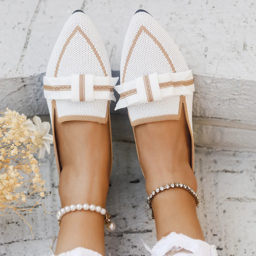 Women's fabric flat shoes with bowknot detail in brown low heel casual style