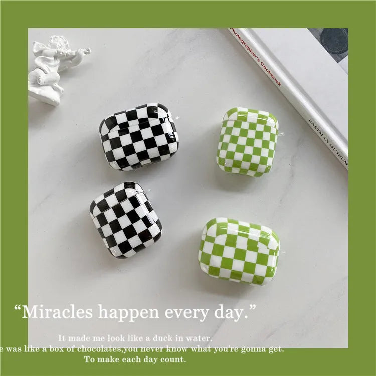 Black and green checkerboard pattern TPU protective case for Apple AirPods with pendant variations