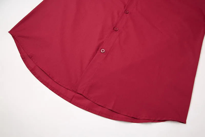 Red men's stand-up collar casual shirt with Chinese-style collar, shown in sizes S to XXXL